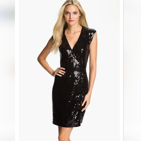 MICHAEL Michael Kors Black Allover Sequin Wrap Dress Size Petite Medium - Picture 2 of 12